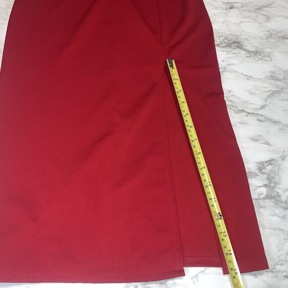 LAN Red Off Shoulder Ruffled Sleeveless Midi Slit Cocktail Evening Party Dress - Picture 9 of 10